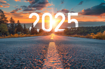 2025 New Year road trip travel with nature landscape and highway road leading forward for happy new year celebration in the beginning of 2025 concept, Photo by AI generative