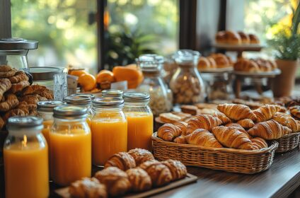 A delicious breakfast spread with fresh pastries and orange juice.