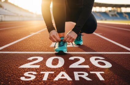 Athlete tying shoelaces at start line with 2026 goal, golden hour stadium